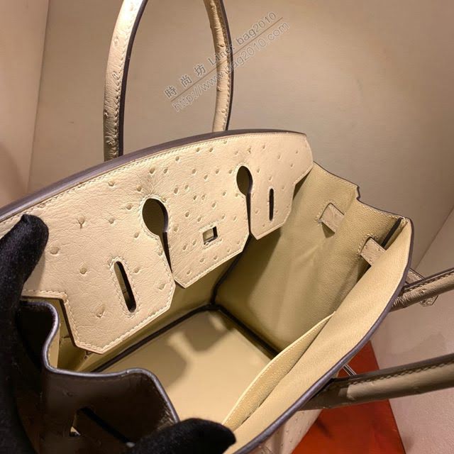 Hermes女包 愛馬仕Birkin30cm Hermes鉑金包 Ostrich鴕鳥皮 全手縫蠟線 3C Parchmin羊毛白銀扣  am1900